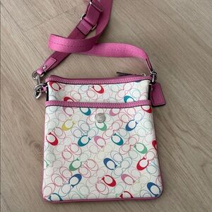 Coach Multicolor Signature Crossbody Bag with Pink Strap